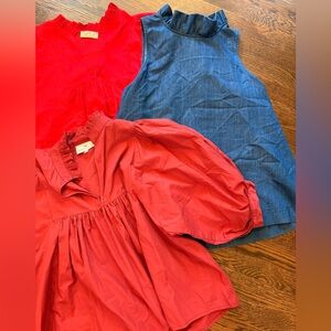 Set of 3 Ruffled Tops (size L) in red cotton, maroon cotton, and blue chambray